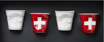 Набор мятых стаканов для эспрессо в подарочной упаковке, 0.08 л, 65 мм, 4 пр, белый, флаг Швейцарии, Revol, Froisses