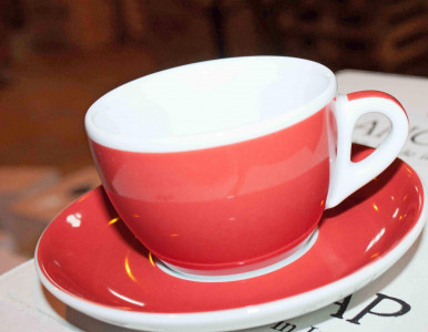 Кофейная пара для латте, 0.35 л, красный, деколь чашка, ручка, блюдце, Ancap, Verona Millecolori